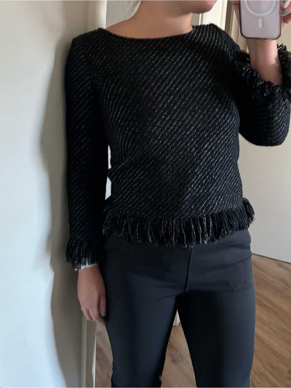 Maje Black & metallic fringe hem tweed Textured Sweater size 2 XS / S 3/4 sleeve